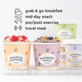 MYLK LABS Roasted Almond Oatmeal Cup on-the-go, ideal for busy mornings.