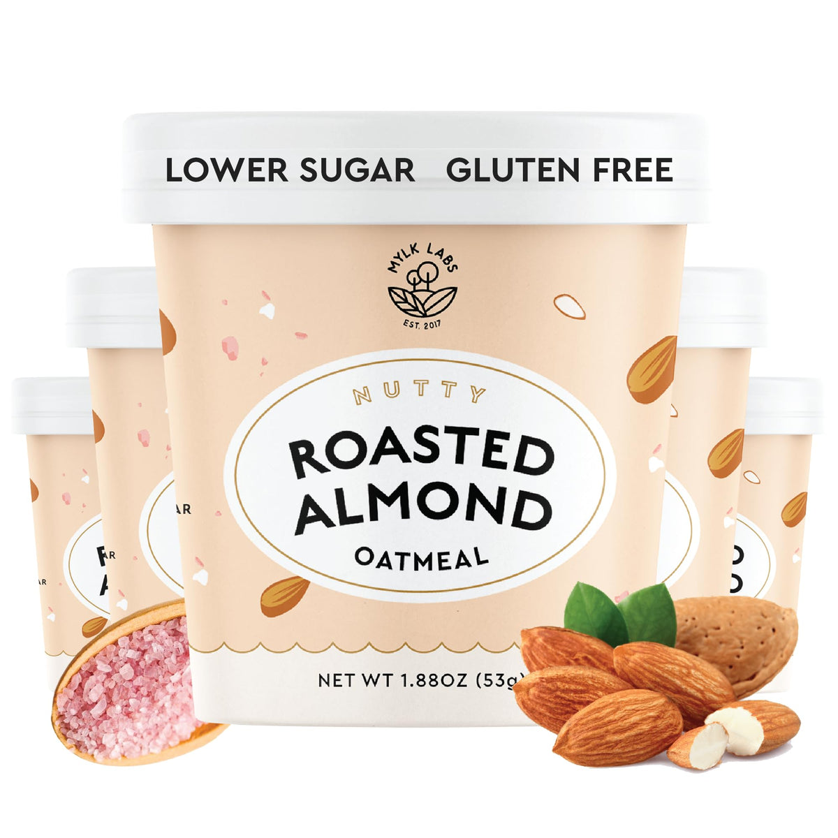 MYLK LABS Roasted Almond Oatmeal Cup packaging, convenient morning option.