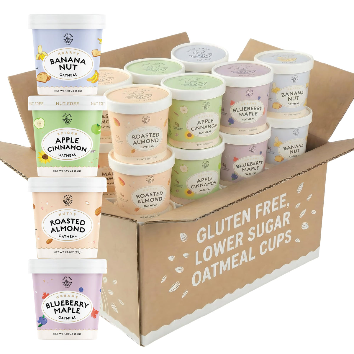 MYLK LABS variety pack oatmeal cups front view for quick breakfasts