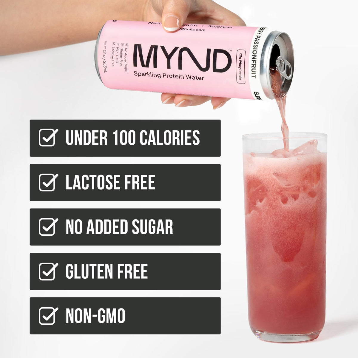 MYND Sparkling Protein Water variety-pack display showing multiple flavors for daily refreshment.