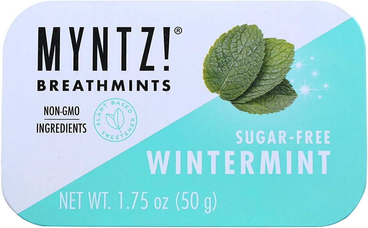 Myntz Wintermint tin close-up highlights 4-pack value and sugar-free formula.
