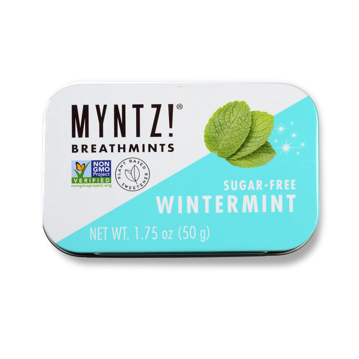 MYNTZ Wintermynt Blast mints close-up highlighting sugar-free, enamel-friendly formula for daily use