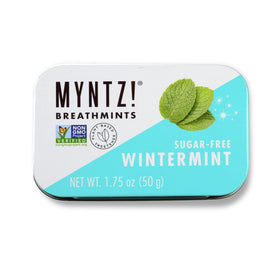 MYNTZ Wintermynt Blast mints close-up highlighting sugar-free, enamel-friendly formula for daily use