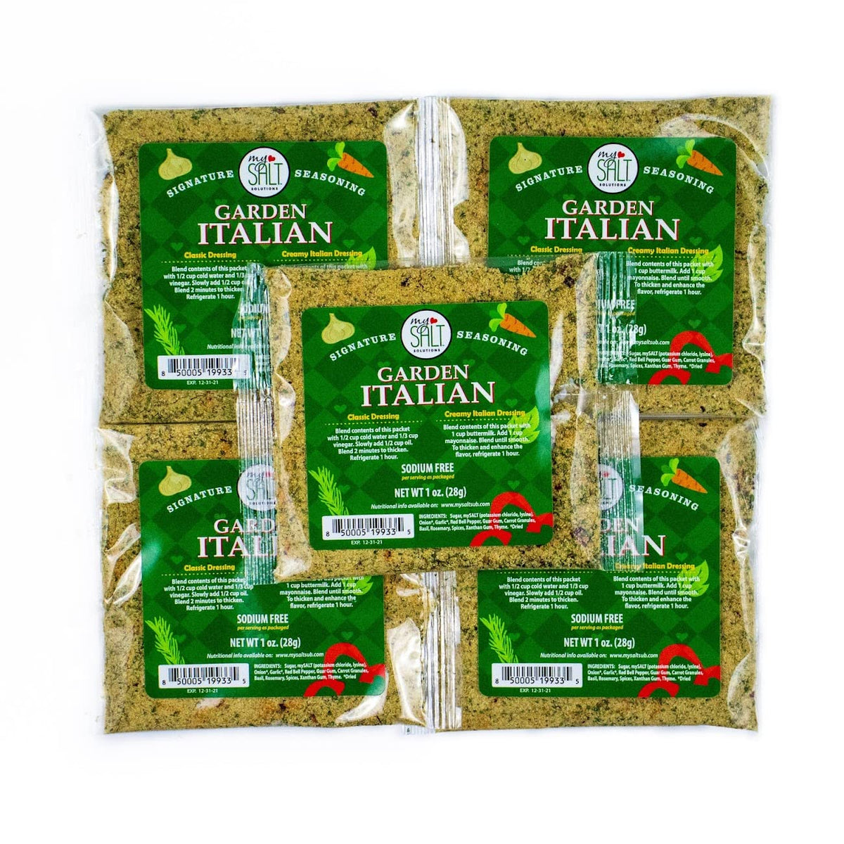 MySALT Garden Italian Dressing Mix pack on counter for quick weeknight salads.