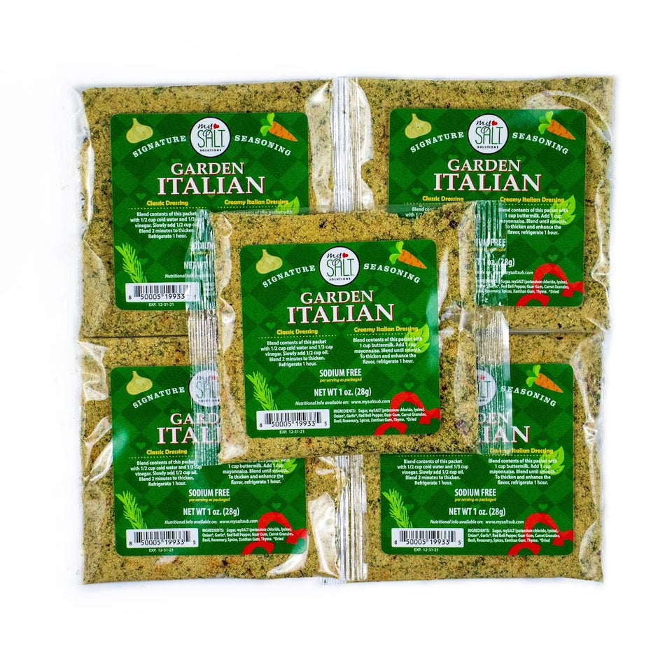 MySALT Garden Italian Dressing Mix pack on counter for quick weeknight salads.