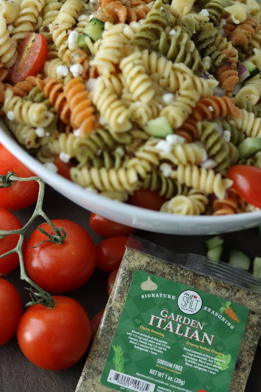 MySALT Italian dressing elevating a pasta salad with bright flavor.