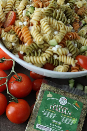MySALT Italian dressing elevating a pasta salad with bright flavor.
