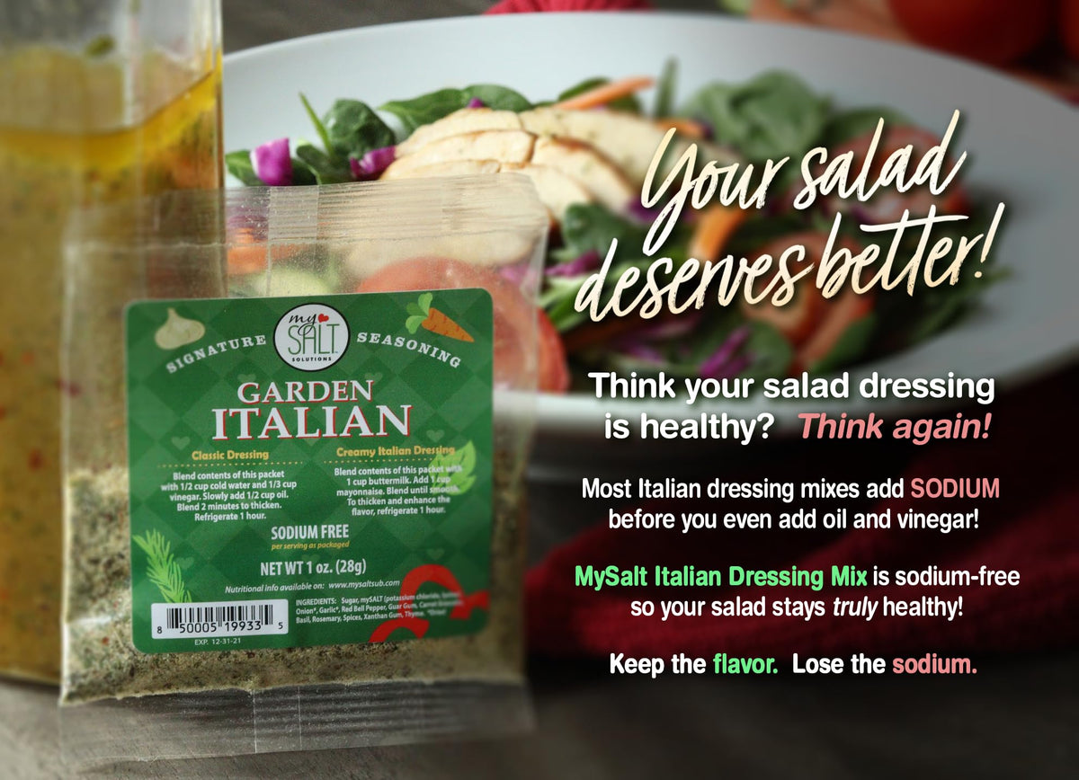 MySALT Garden Italian Dressing Mix poured with oil and vinegar for customizable flavor.