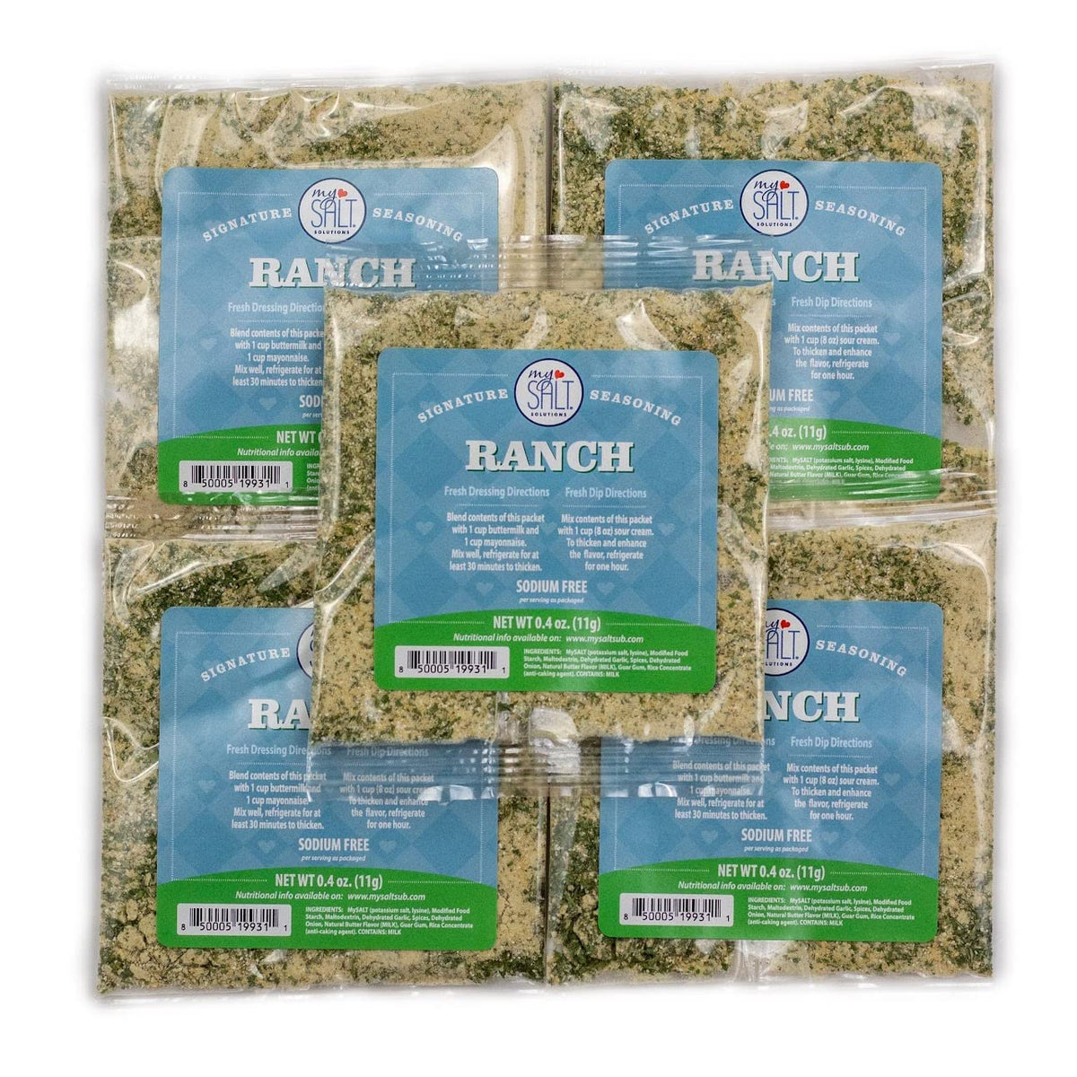 My Salt Ranch Dressing Mix 5-pack box showing convenient, low-sodium flavor option for quick dips.
