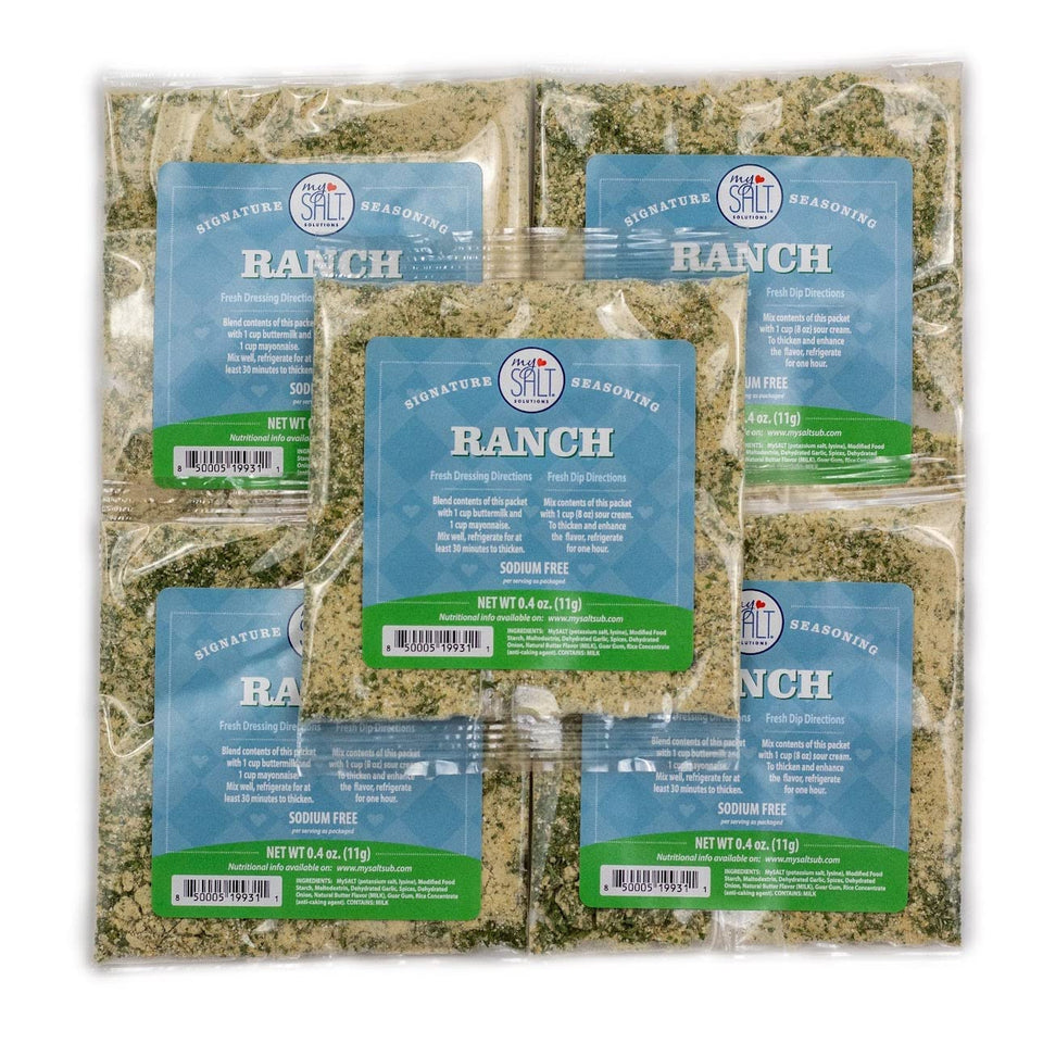 My Salt Ranch Dressing Mix 5-pack box showing convenient, low-sodium flavor option for quick dips.
