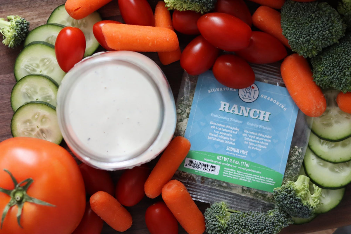 My Salt Ranch Dressing Mix dipping vegetables plate illustrating easy snack upgrade.