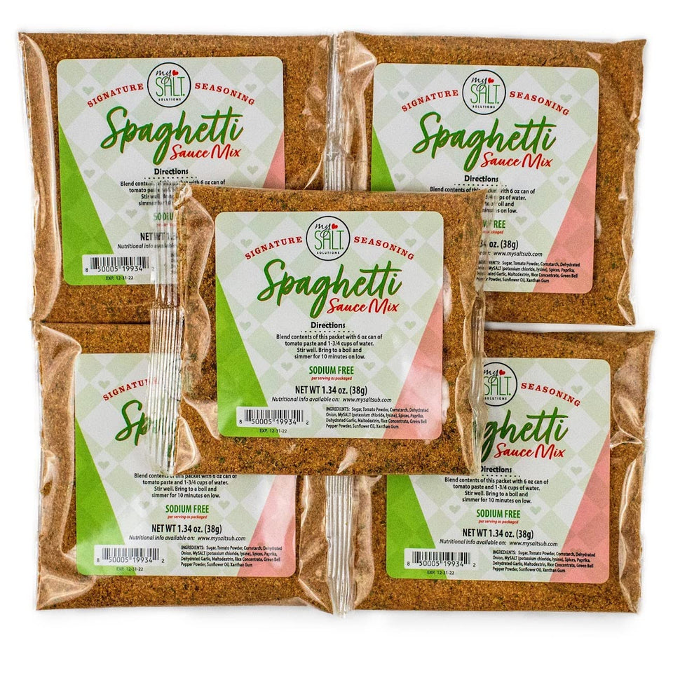 MySALT spaghetti sauce mix 5-pack packets for quick, sodium-free dinners.