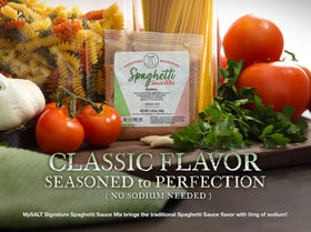 MySALT spaghetti sauce mix bowl of pasta ready in minutes.