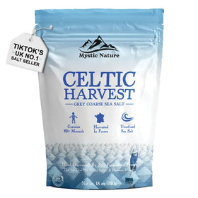 Mystic Nature Celtic Harvest 1.1lb bag with natural sea salt crystals for gourmet cooking.