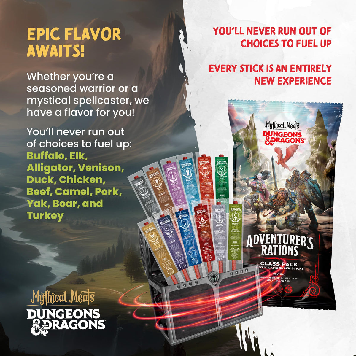 Mythical Meats portable jerky snack in a pocket-sized pack for outdoor adventures.
