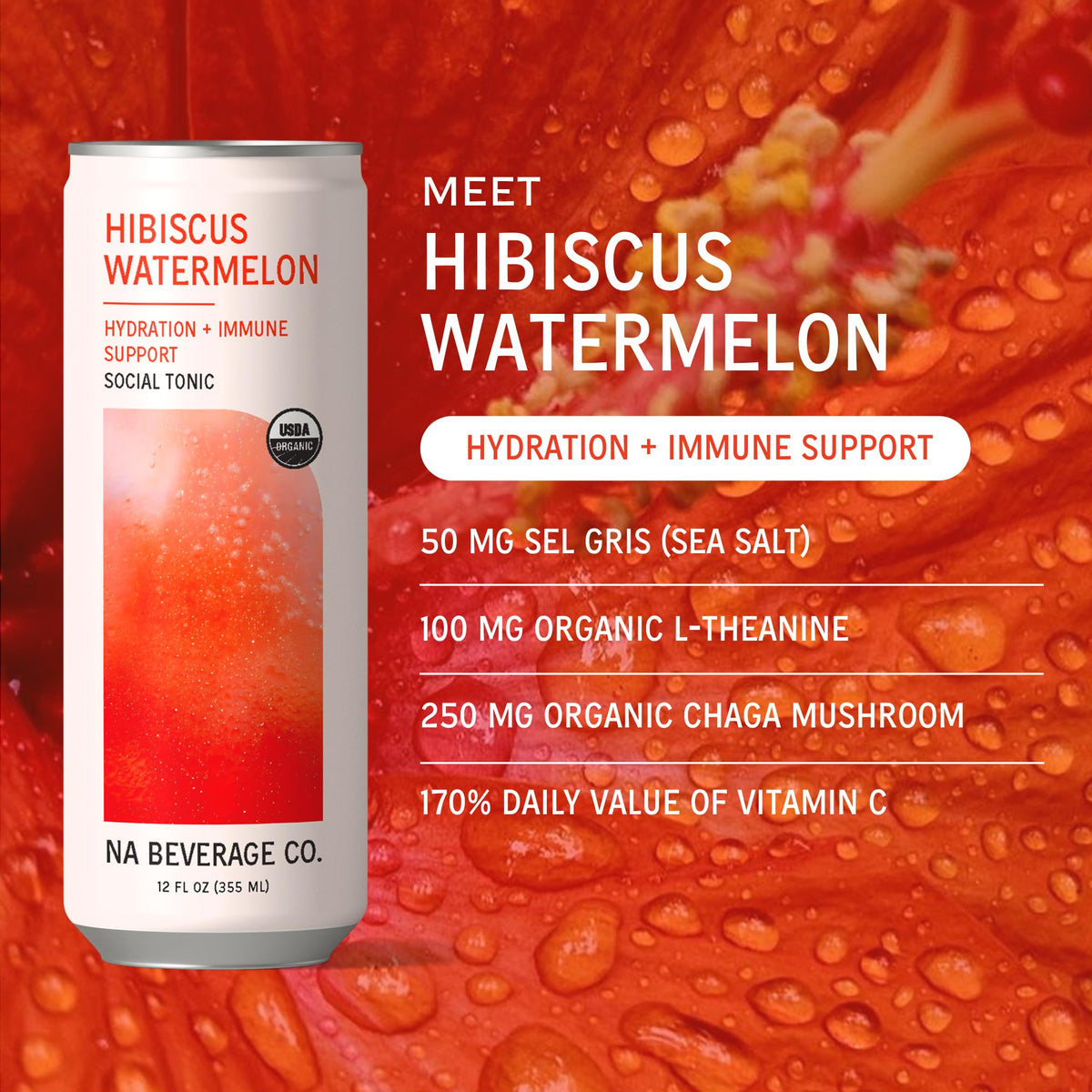 NA Beverage Social Tonic can close-up with vibrant hibiscus watermelon and refreshing sparkle.