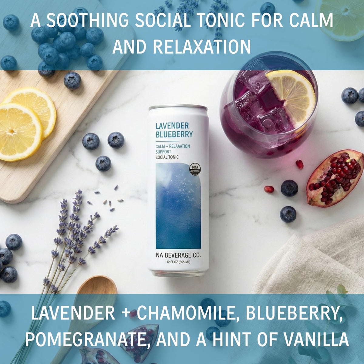 NA Beverage Social Tonic ingredients close-up with ashwagandha and mushrooms for everyday mood support.