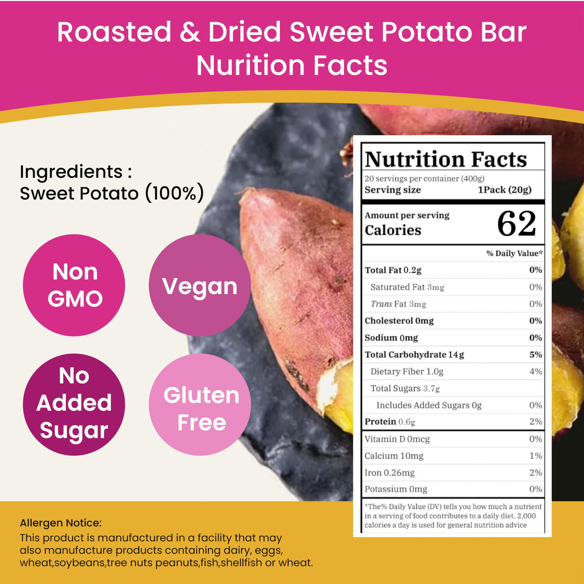 Nabeeya Korean Sweet Potato Sticks ingredients showcase 100% natural sweet potatoes for health-minded buyers.