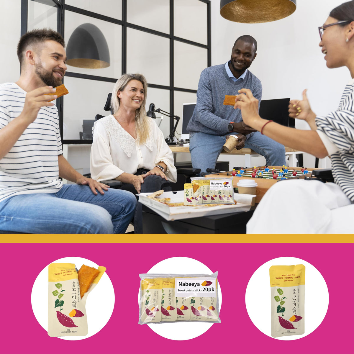 Nabeeya Korean Sweet Potato Sticks nutrition panel highlights vitamins, minerals and gluten-free appeal.