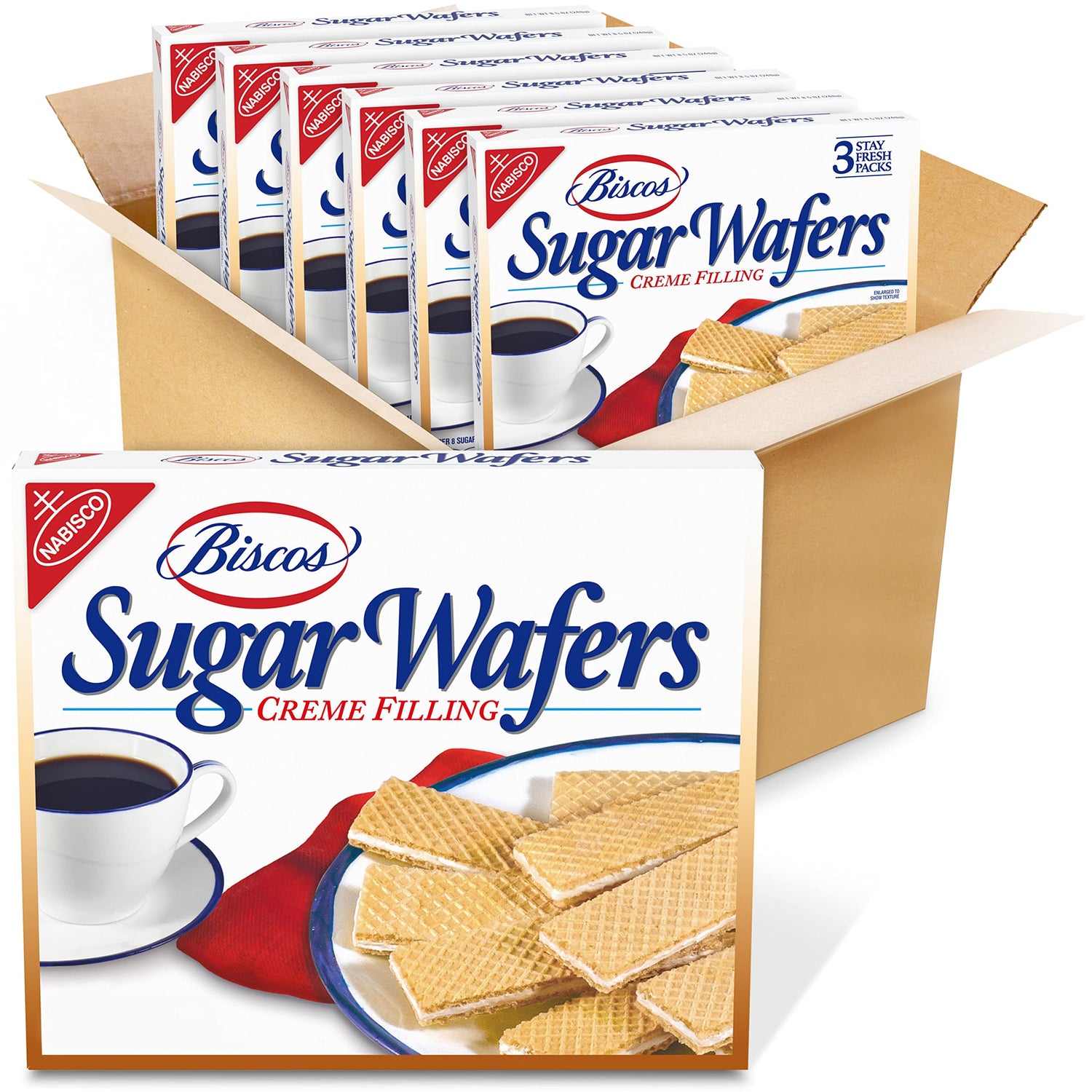 NABISCO Biscos creme-filled sugar wafers box front, ideal for sharing at gatherings.