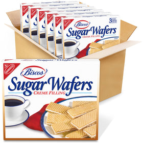 NABISCO Biscos creme-filled sugar wafers box front, ideal for sharing at gatherings.