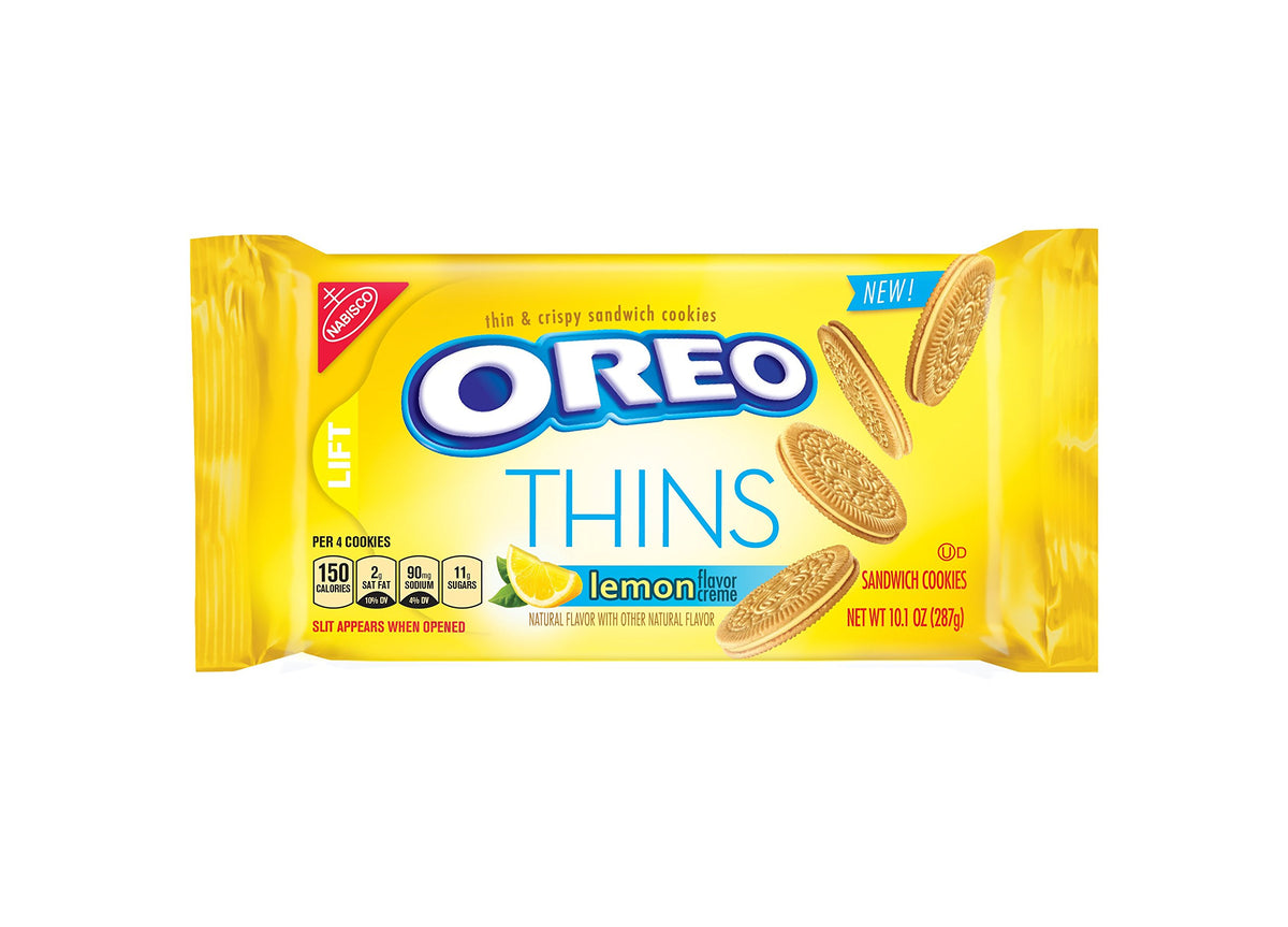 Nabisco Oreo Thins Lemon cookie showing crisp lemon flavor, ideal for a refreshing snack