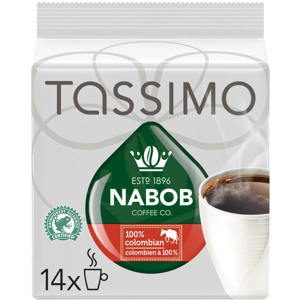 NABOB Tassimo 100% Colombian coffee disc close-up showing rich aroma.