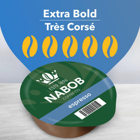 NABOB Tassimo espresso discs closeup highlighting rich aroma and crema.