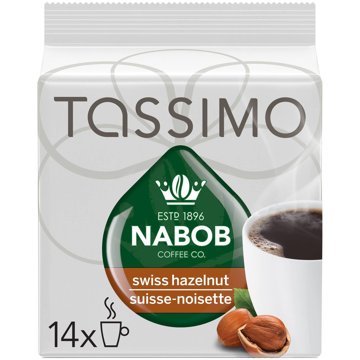 NABOB Tassimo Swiss Hazelnut coffee disc packshot showing convenient single-serve format