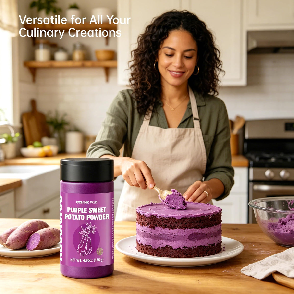 Nacolorce freeze-dried purple sweet potato powder bottle preserves freshness for on-the-go recipes.