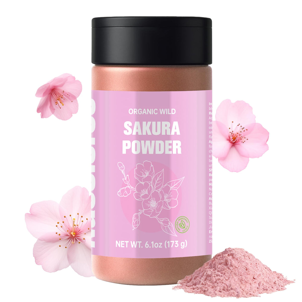 Nacolorce Sakura powder bottle front showing pure cherry blossom for baking and beverages