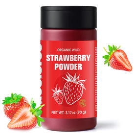 Nacolorce strawberry powder bottle showing 100% organic color for baking and drinks.