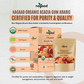Nagaad Acacia Senegal Gum Arabic dissolving in water forming a smooth emulsion.