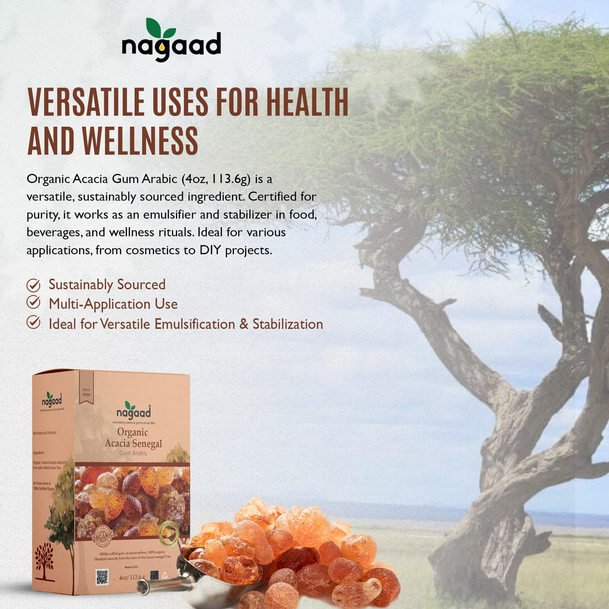 Nagaad Acacia Senegal Gum Arabic used as emulsifier in a beverage for stable texture.