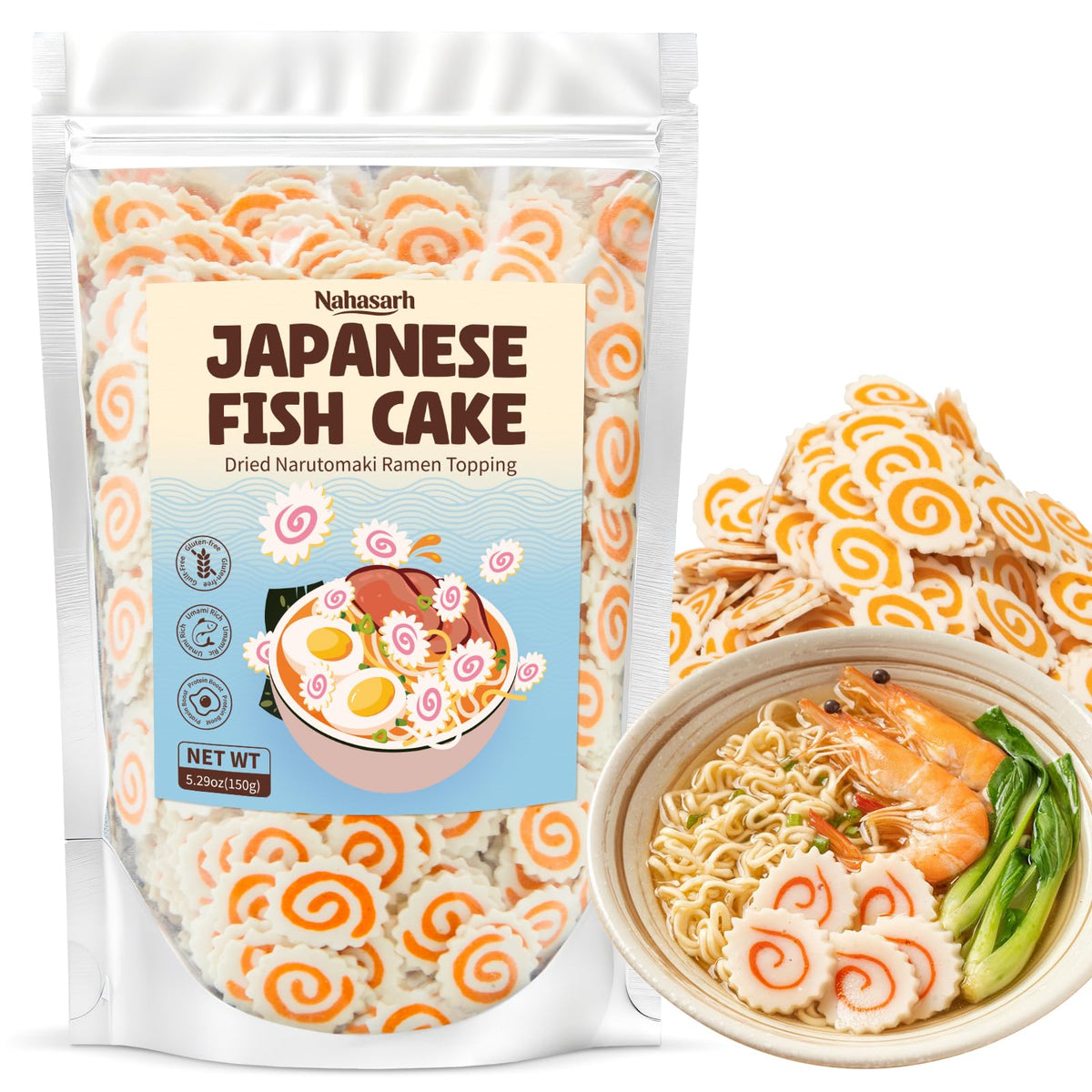 Nahasahr Narutomaki slices with the classic swirl for ramen topping and authentic visual appeal