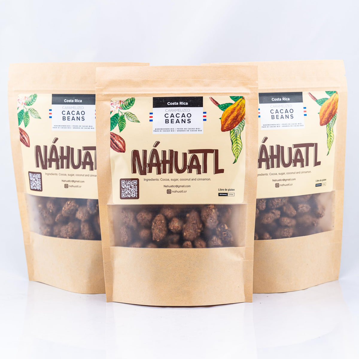 NAHUATL organic cacao beans on wood surface ready to snack.