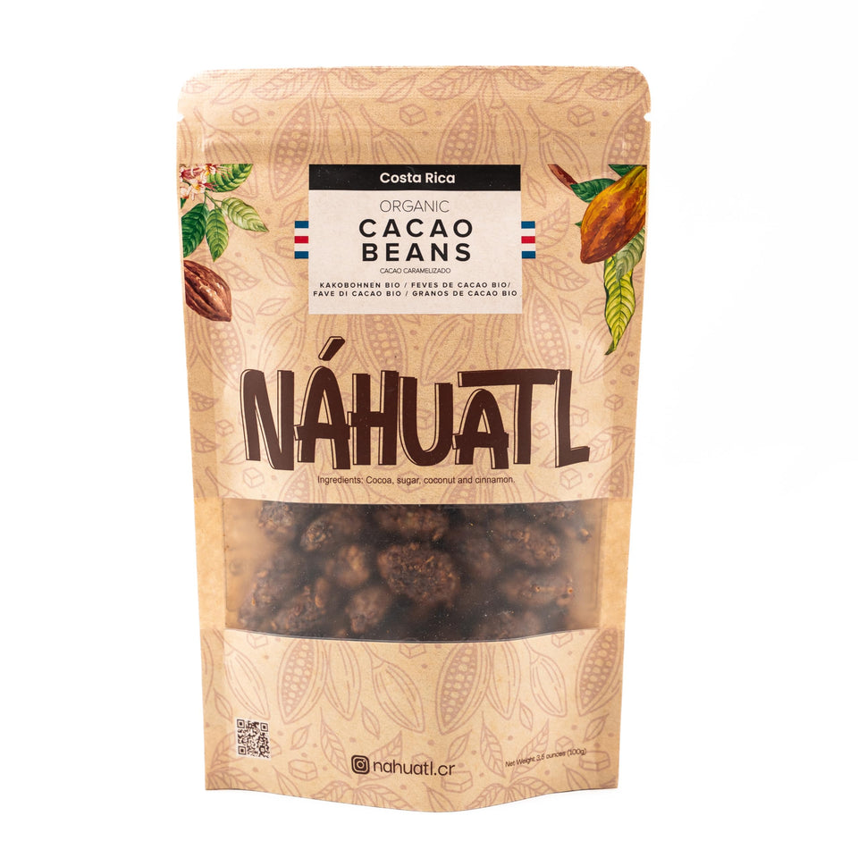NAHUATL organic caramelized cacao beans in a bag, crunchy and flavorful.