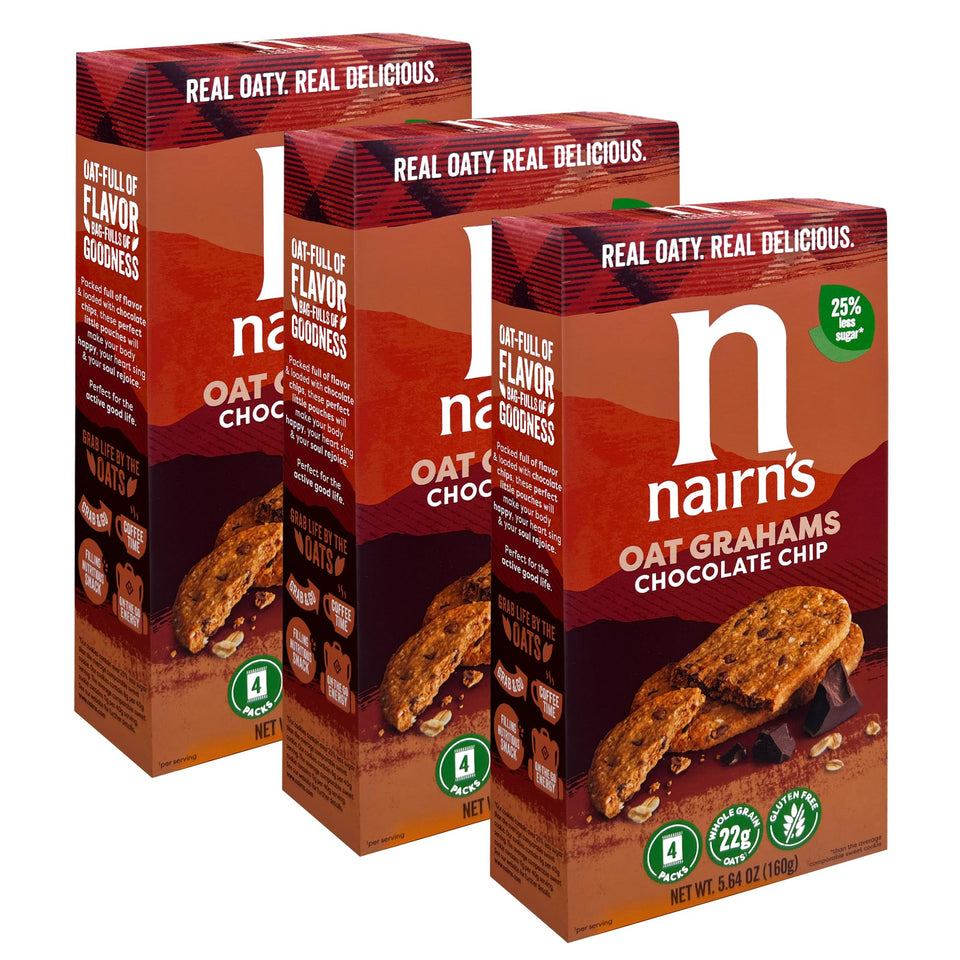 Nairn's gluten-free chocolate chip oat grahams, perfect for on-the-go snacking.