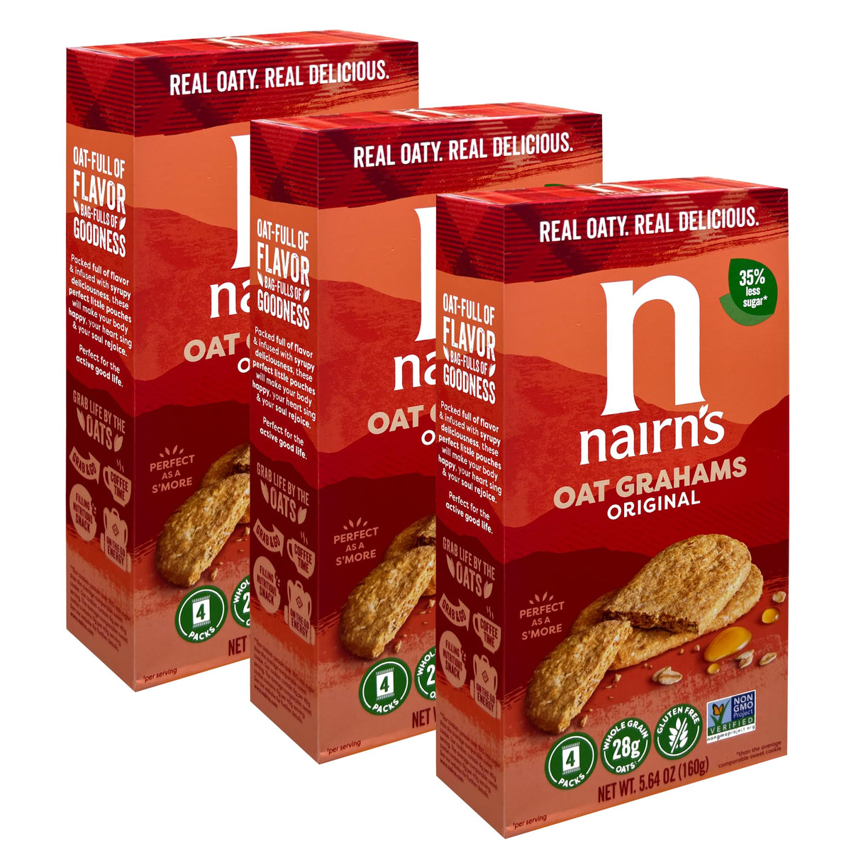Nairn's gluten-free oat grahams front pack, grab-and-go snack.