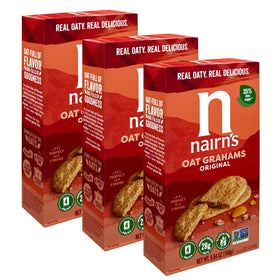 Nairn's gluten-free oat grahams front pack, grab-and-go snack.