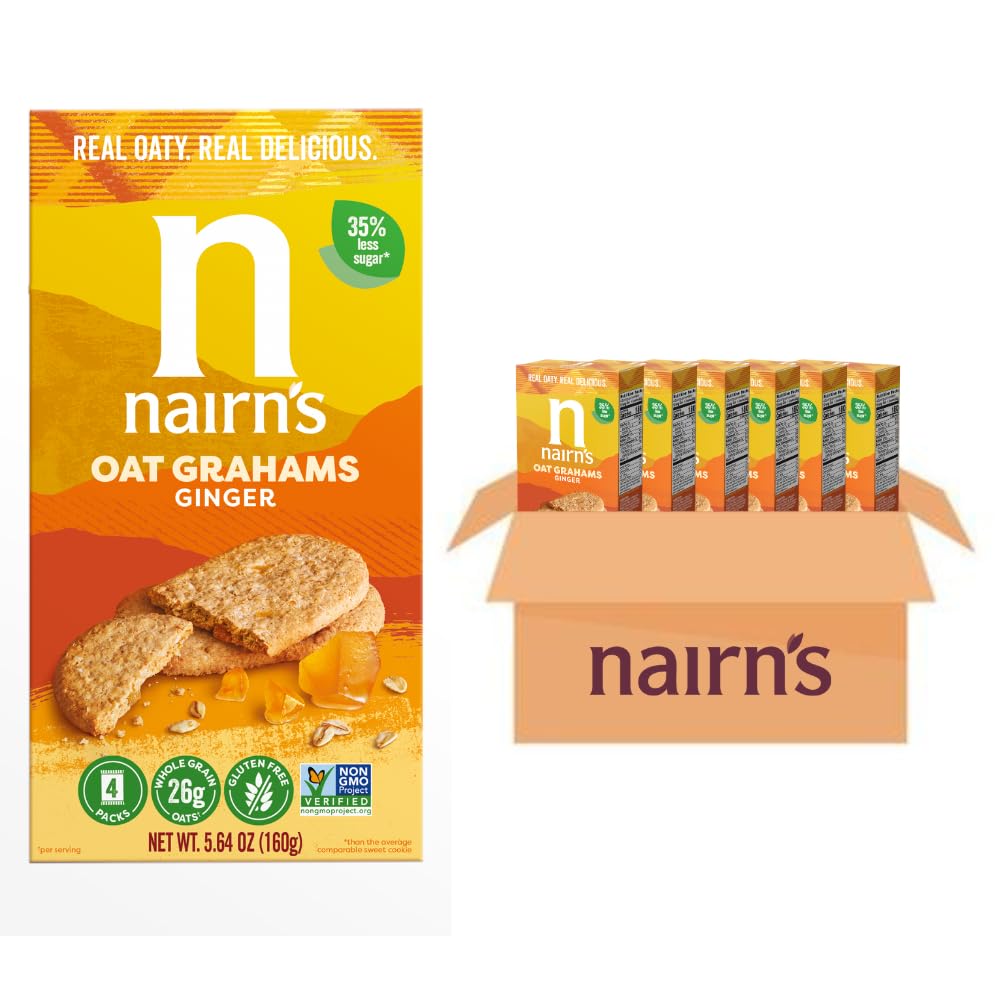 Box front of Nairn's gluten-free stem ginger grahams, ideal gluten-free on-the-go snack