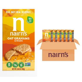 Box front of Nairn's gluten-free stem ginger grahams, ideal gluten-free on-the-go snack