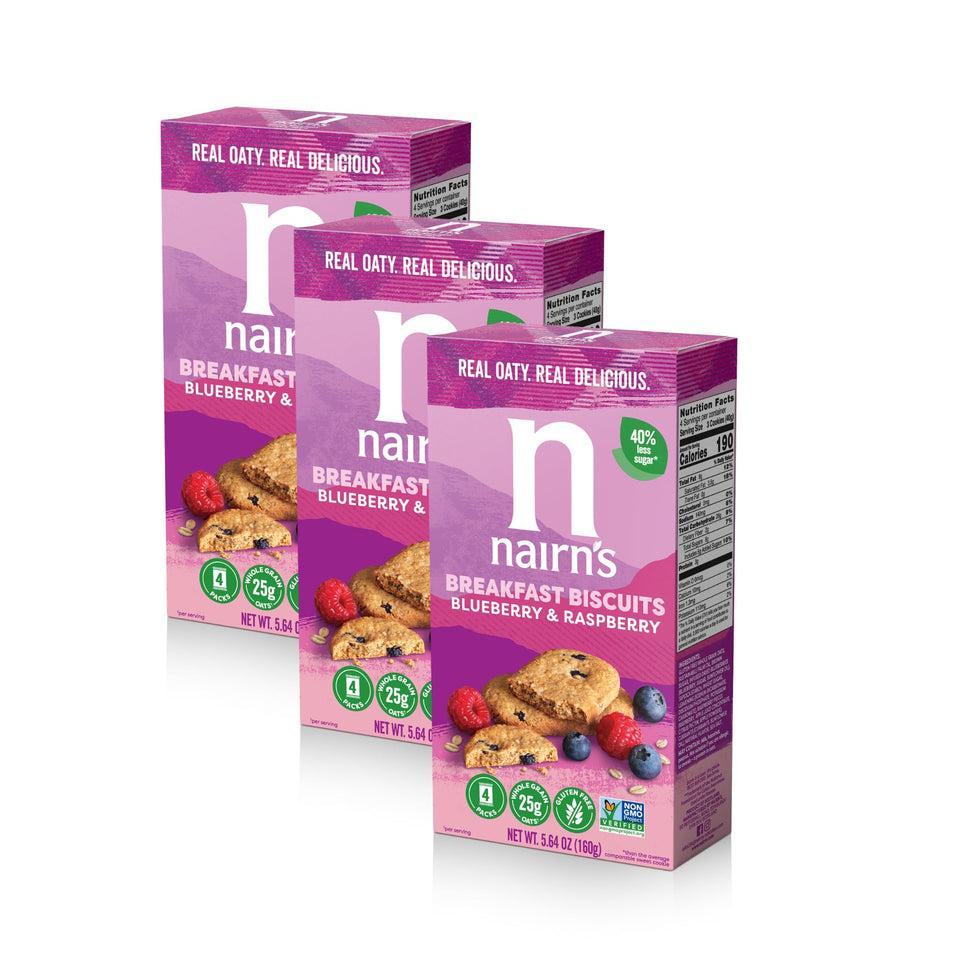 Nairn's gluten-free blueberry-raspberry biscuits package front for quick breakfasts.