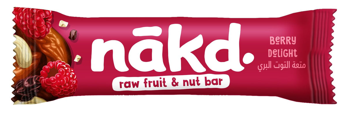 Nakd Berry Delight Bar raw ingredients close-up with dates, nuts, and raspberries
