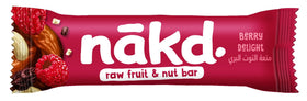 Nakd Berry Delight Bar raw ingredients close-up with dates, nuts, and raspberries
