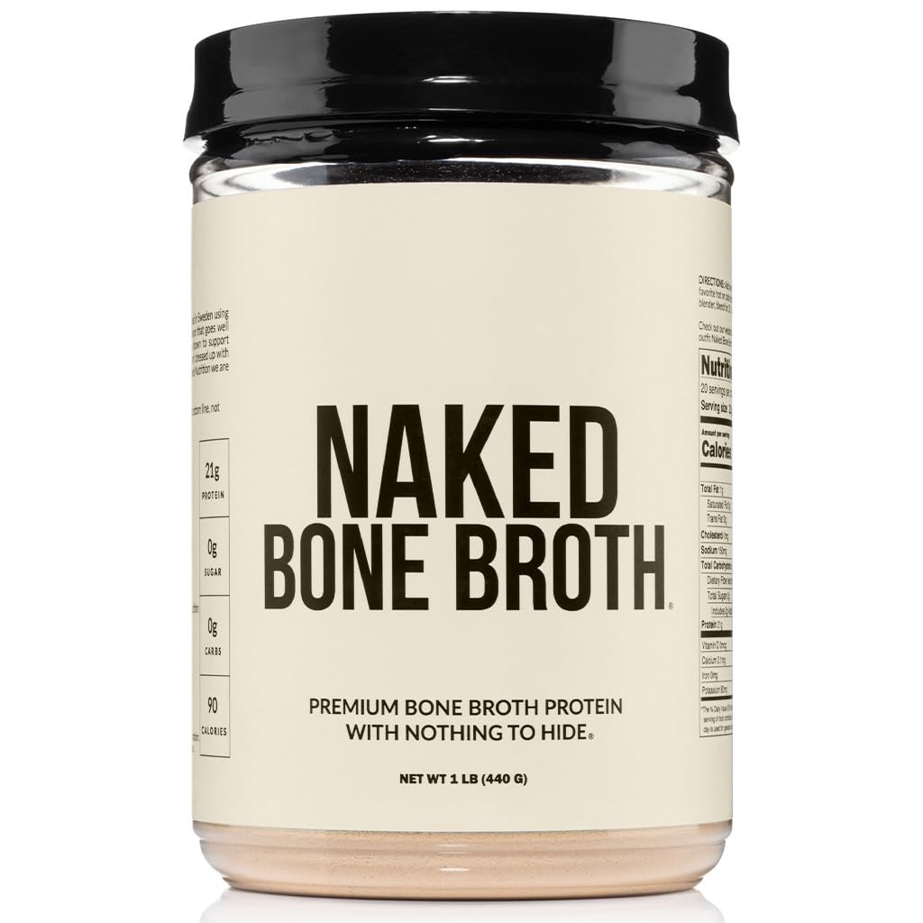NAKED bone broth powder container highlighting clean, high-protein ingredients.