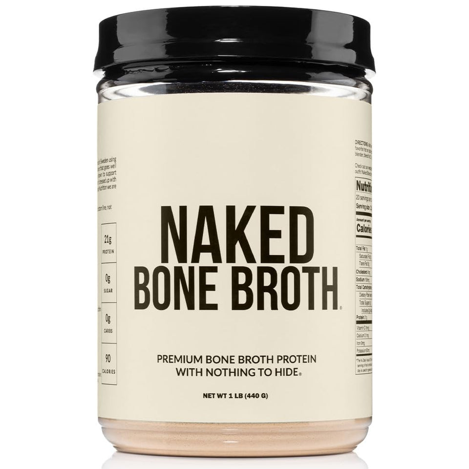 NAKED bone broth powder container highlighting clean, high-protein ingredients.
