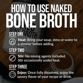 NAKED bone broth powder in cup with steam, highlighting versatile recipe use.