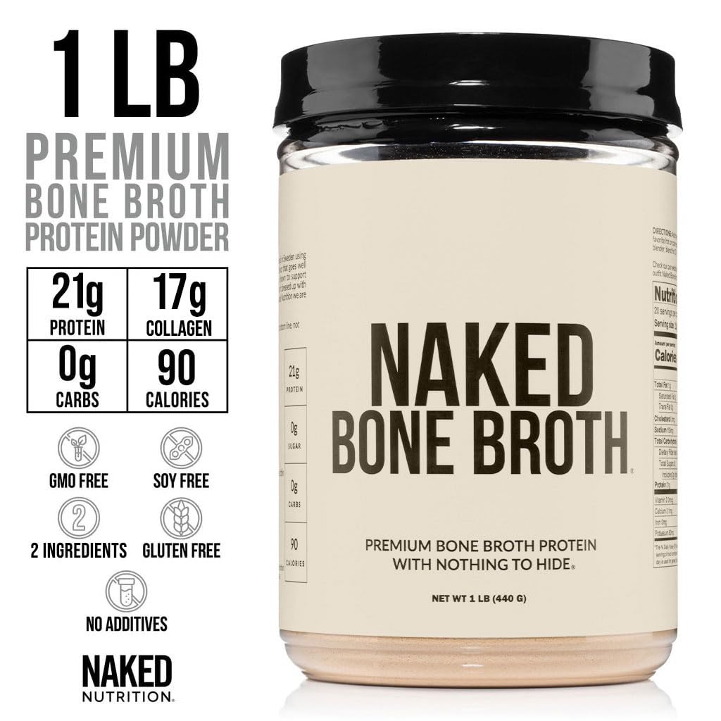 NAKED bone broth protein label shows 21 g protein and 17 g collagen.