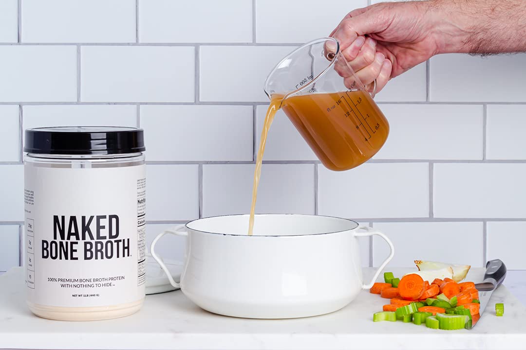 NAKED bone broth powder stirred into hot beverage with savory aroma.